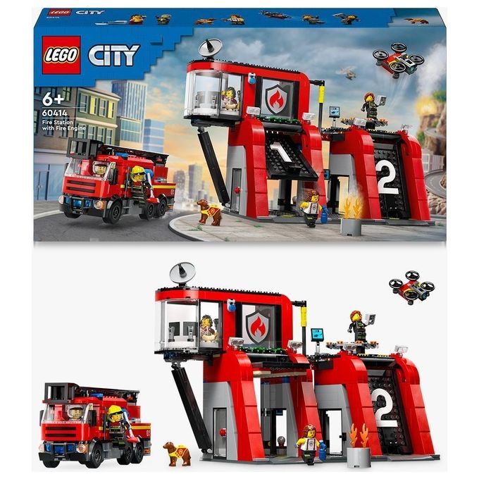 LEGO City 60414 Caserma dei Pompieri e Autopompa con Camion Giocattolo, 6 Minifigure, Cane e Accessori, Gioco per Bambini 6+