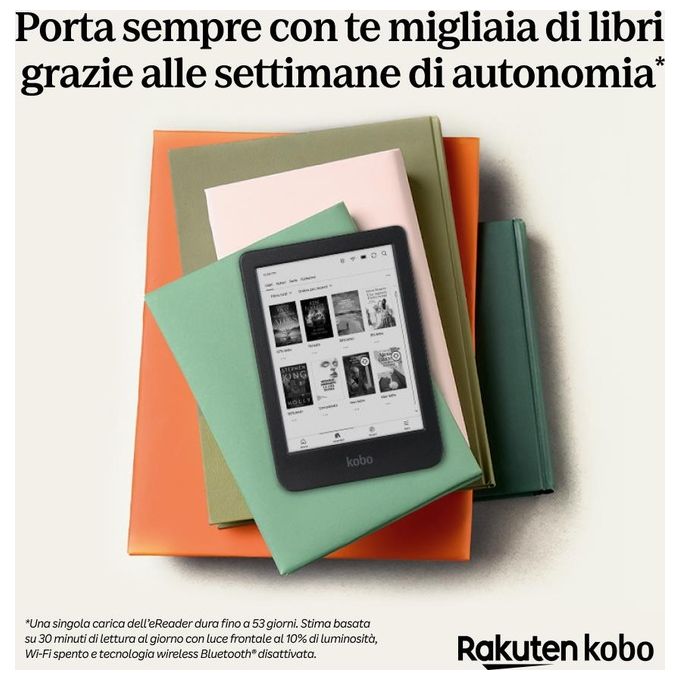 Kobo Clara BW eReader Display HD 6'' antiriflesso E Ink Carta 1300 Modalita' Scura Impermeabile 16Gb multiformato Nero