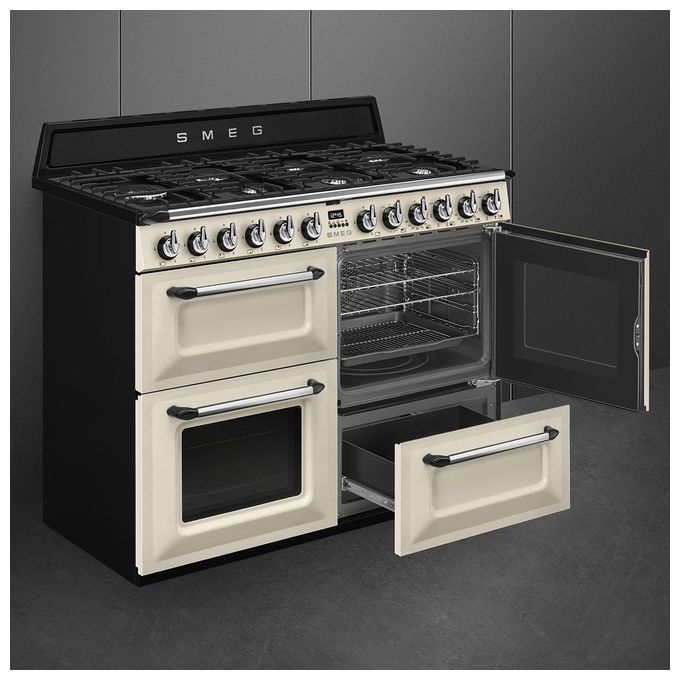 Smeg TR4110P1 Cucina a Gas con Forno Elettrico Multifunzione Termoventilato + Ventilato Estetica Victoria 7 Fuochi Griglie in Ghisa Classe energetica A Vapor Clean 110x60 cm Panna