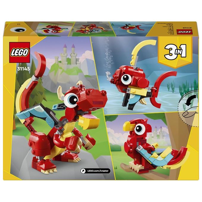 LEGO Creator 31145 3in1 Drago Rosso, Giochi per Bambini di 6+ Anni, Action Figure Ricostruibile in Pesce e Fenice Giocattolo