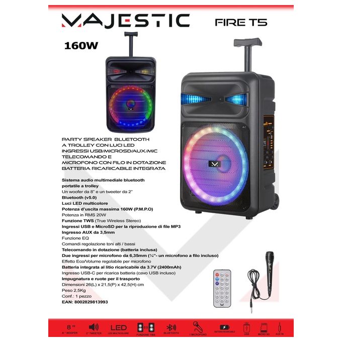 Majestic FIRE T5 Party Speaker Trolley Ricaricabile Bluetooth con Luci Led e Microfono e Telecomando 160W