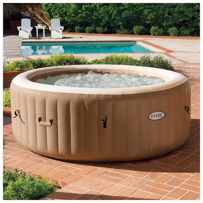 Intex 28476EX PureSpa Vasca Idromassaggio Gonfiabile Bubble Massage con Telo Efficienza Energetica 4 posti 120 Getti Riscaldatore PVC Beige 196x71 cm Con Telo ad Efficienza Energetica 4 posti Beige