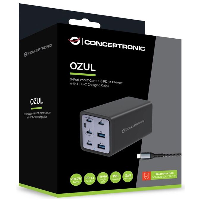 Conceptronic OZUL06BE 6-Port 200W Gan Usb Pd Charger