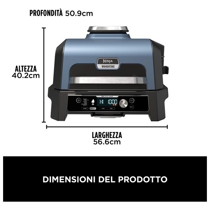 Ninja OG901EU Woodfire Pro Connect XL Barbecue Elettrico Griglia Affumicatore Friggitrice ad Aria 7 in 1 Controllo con App Termometro Digitale Pellet Woodfire Resistente alle Intemperie Nero