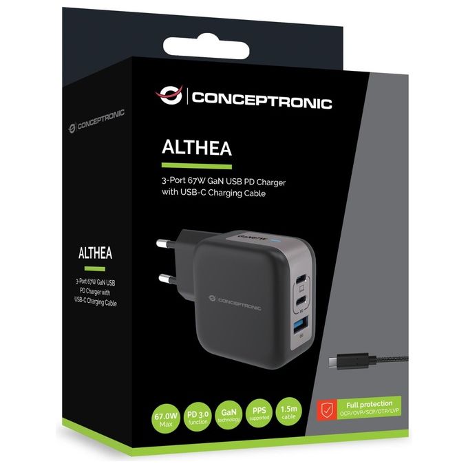Conceptronic Althea17b 3-Port 67W Gan Usb Pd Charger