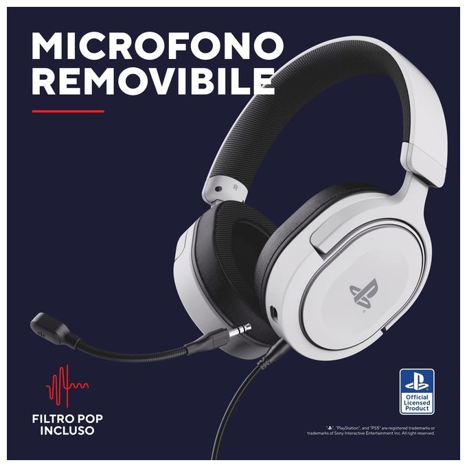 Trust Gaming GXT 498W Forta Cuffie Ecosostenibile PS5 e PS4 con Licenza Ufficiale PlayStation 5 Over-Ear Cavo da 1.2mt Microfono Staccabile Jack Audio 3.5mm Bianco