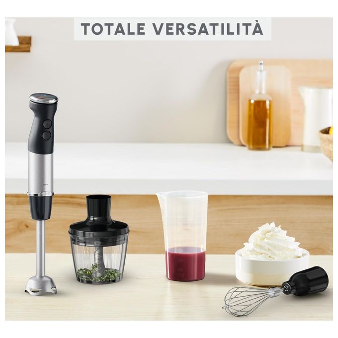 Moulinex DD6738 Quickchef 3in1 – Frullatore a immersione 1000 W, velocita' variabile, accessori inclusi (tritatutto, frusta, bicchiere), lama in acciaio inox, colore Bianco-Rosso