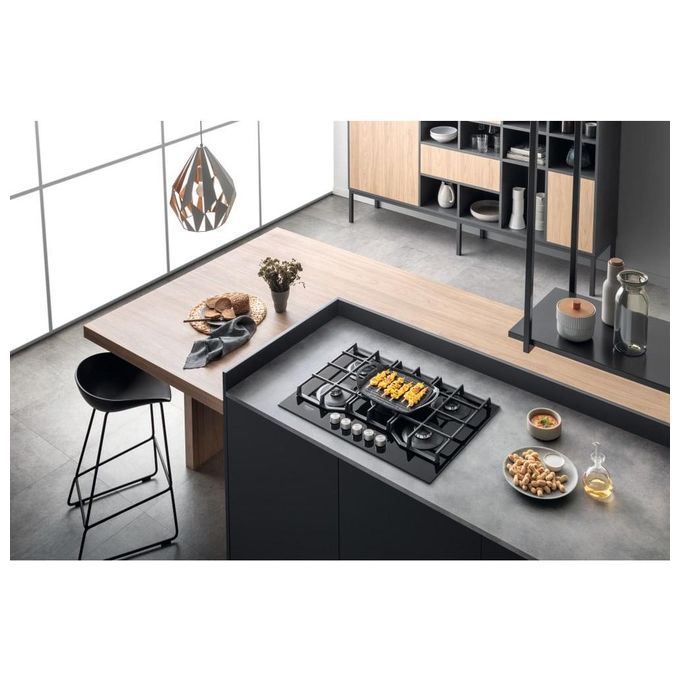 Hotpoint HAGS 72F-BK Serie Cristallo Nero Piano Cottura a Gas 5 Zone 1 Doppia Corona MyMenu Flame Control Griglie in ghisa 73 cm Nero