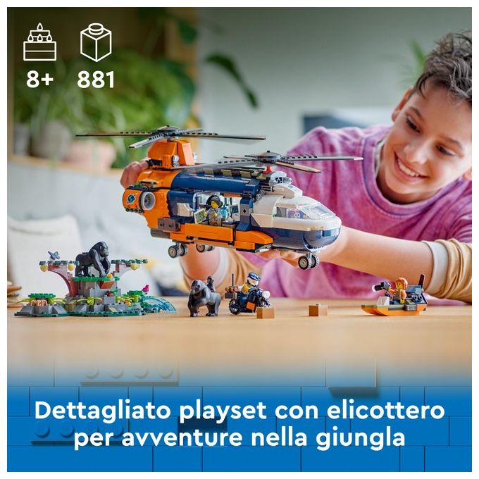 LEGO City Elicottero dell'Esploratore nella Giungla Modellino di Veicolo Giocattolo da Costruire con Doppi Rotori Giochi per Bambini da 8 Anni con Campo Base 3 Animali Gorilla e 5 Minifigure 60437
