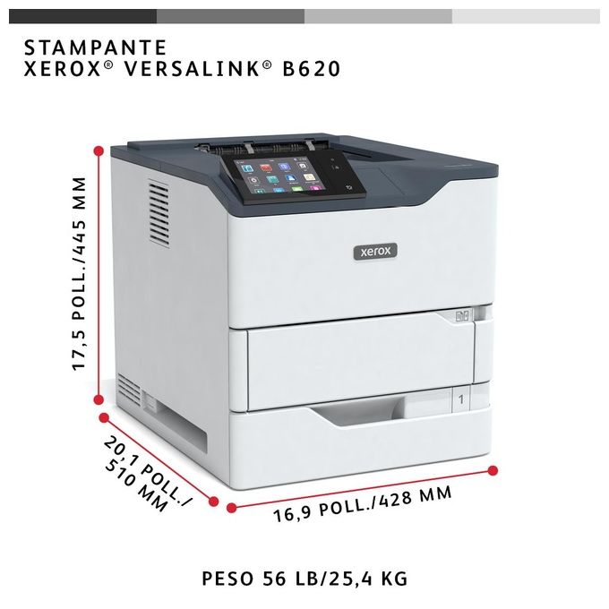 Xerox VersaLink B620 A4 61 ppm Stampante Fronte-Retro PS3 PCL5e-6 2 Vassoi 650 Fogli