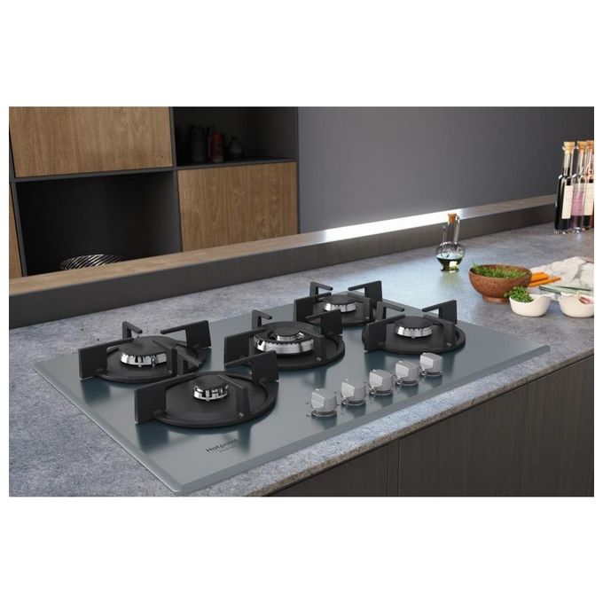 Hotpoint HAGD 72S-SL Linea Estetica Diamond Piano Cottura a Gas 5 Zone 1 Doppia Corona Griglie in ghisa 73 cm Argento
