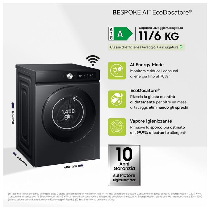 Samsung WD11DB7B85GBU3 Lavasciuga Ai Control Ecodosatore 11-6Kg