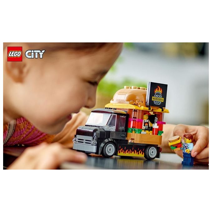 LEGO City 60404 Furgone degli Hamburger Giocattolo, Veicolo per Bambini 5+ Anni, Camion Food Truck con Accessori e 2 Minifigure