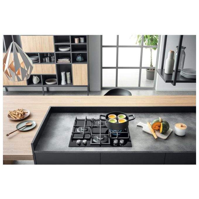 Hotpoint HAGS 61F-BK Piano Cottura a Gas in  Vetroceramica 4 Zone My Menu Flame Control 9 livelli di potenza Griglie in ghisa 60 cm Nero