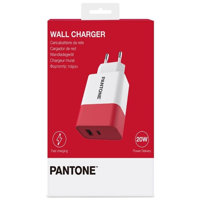 Celly, Caricabatterie da Rete Pantone, Carica Fino a 2 Dispositivi, con 1 Porta USB-A e 1 Porta USB-C e Tecnologia Power Delivery, Compatibilita' Universale, Ricarica Sicura e Veloce, Rosso