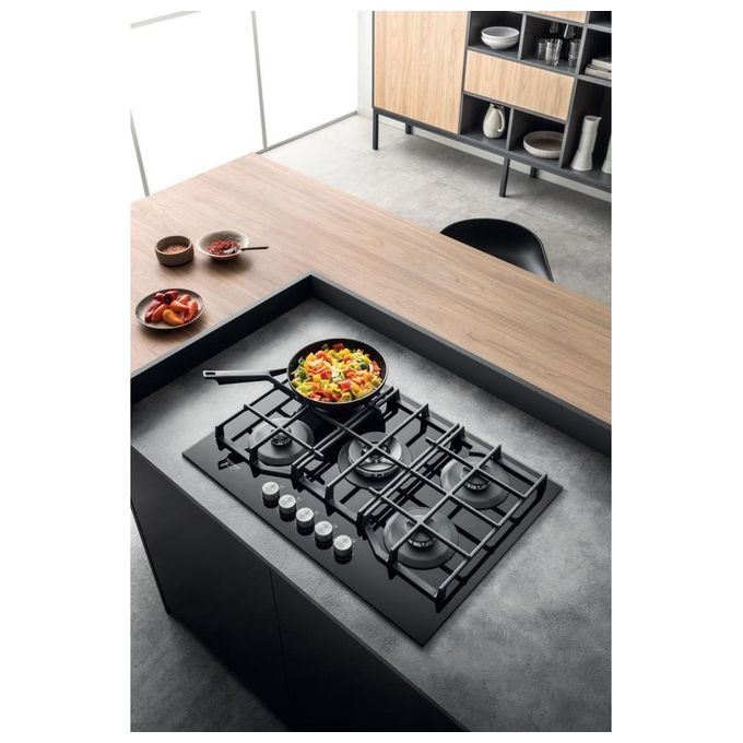 Hotpoint HAGS 72F-BK Serie Cristallo Nero Piano Cottura a Gas 5 Zone 1 Doppia Corona MyMenu Flame Control Griglie in ghisa 73 cm Nero