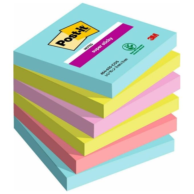 Foglietti Post-It Super Sticky Miami Contiene: 2Bl. Acqua Marina + 2Bl. Verde Neon + 1 Bl. Rosa Neon + 1 Bl. Rosso Rubino. Confezione Da 6 Blocchetti
