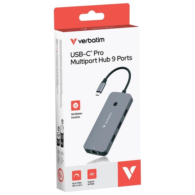 Verbatim CMH-09 Multiport Hub 9 Porte USB tipo-C 10000 Mbit-s Argento