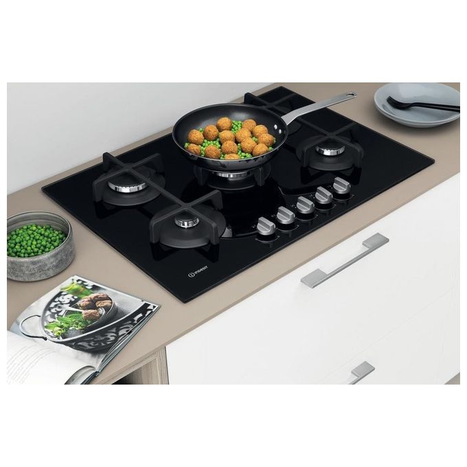 Indesit ING 72T-BK Linea Glass Piano Cottura a Gas 5 Zone 1 High Power Flame Griglie in Ghisa 73 cm Nero
