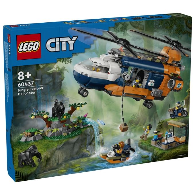 LEGO City Elicottero dell'Esploratore nella Giungla Modellino di Veicolo Giocattolo da Costruire con Doppi Rotori Giochi per Bambini da 8 Anni con Campo Base 3 Animali Gorilla e 5 Minifigure 60437