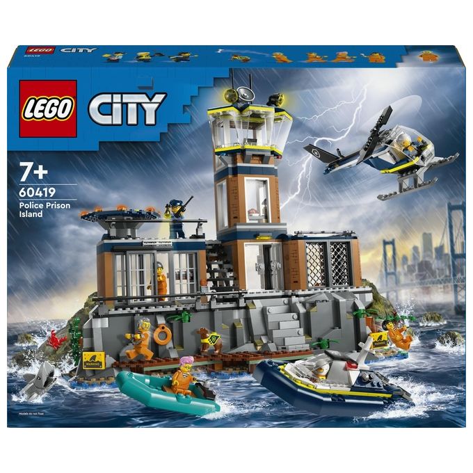 LEGO City 60419 Prigione sull'Isola della Polizia, Giocattolo ricco di Funzioni con Elicottero, Barca, Gommone e 7 Minifigure