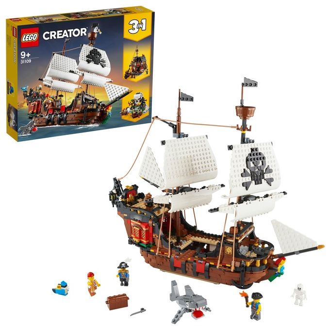 LEGO Creator 31109 Galeone dei Pirati, Set 3 in 1 con Nave Giocattolo, Locanda e Isola del Teschio, Minifigure e Squalo