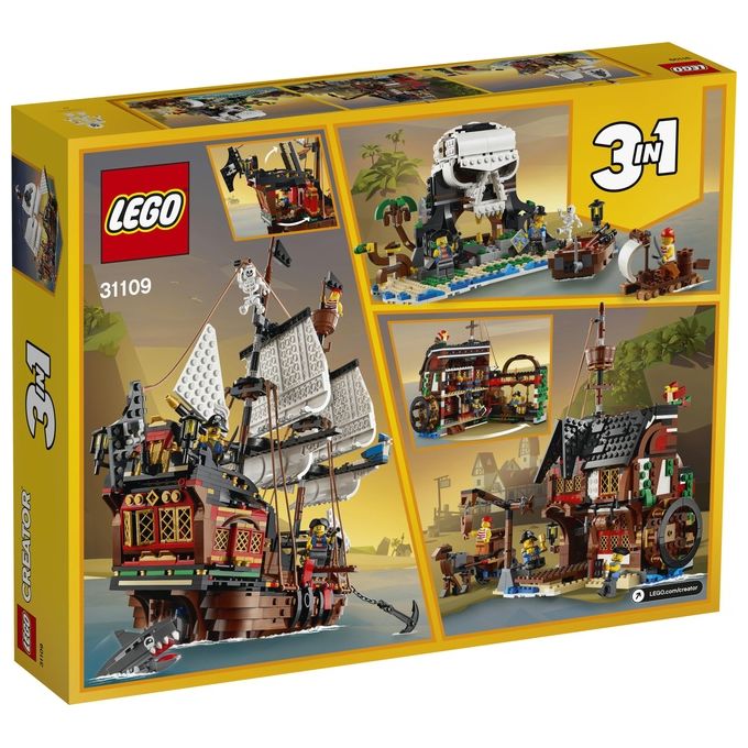 LEGO Creator 31109 Galeone dei Pirati, Set 3 in 1 con Nave Giocattolo, Locanda e Isola del Teschio, Minifigure e Squalo