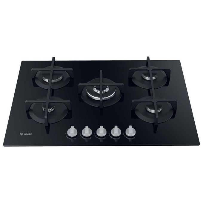 Indesit ING 72T-BK Linea Glass Piano Cottura a Gas 5 Zone 1 High Power Flame Griglie in Ghisa 73 cm Nero