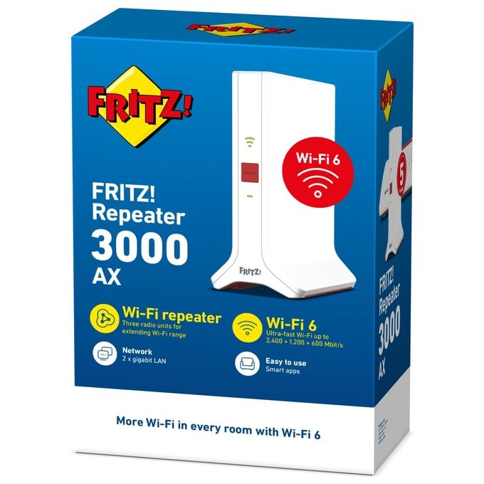 Fritz! Ripetitore 3000 Ax Edition International, Ripetitore Wi-Fi 6 Extender Triband Veloce Fino A 4.200 Mbit, S, Mesh, Access Point, 2X Gigabit Lan, Interfaccia In Italiano 20002991, Bianco