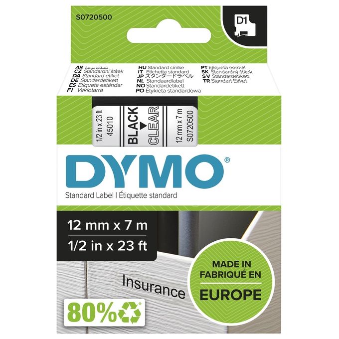 Dymo Nastro D1 12mmx7m Nero Trasp