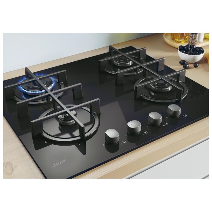 Candy CVG6B New Timeless GOG Piano Cottura a Gas su vetro 4 zone Manopole Timeless Griglie in ghisa 60 cm 4 livelli di potenza Nero