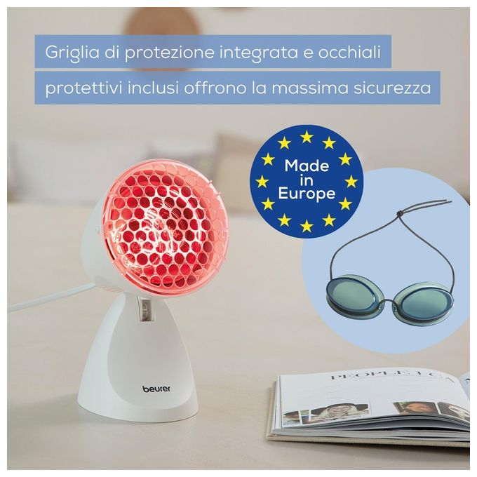 Beurer IL 11 Lampada a raggi infrarossi con griglia di protezione Lampada a raggi infrarossi con griglia di protezione. Utile in caso di raffreddori contratture muscolari.Ca. 100 Watt. 5 livelli di inclinazione. 3 anni di garanzia. Made in EU