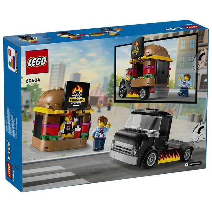 LEGO City 60404 Furgone degli Hamburger Giocattolo, Veicolo per Bambini 5+ Anni, Camion Food Truck con Accessori e 2 Minifigure