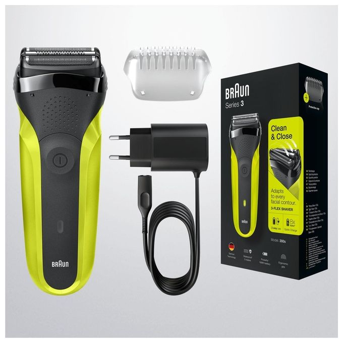 Braun Series 3 300 Rasoio Elettrico Uomo con 3 Lame Flessibili Ricaricabile e senza Fili Nero-Verde