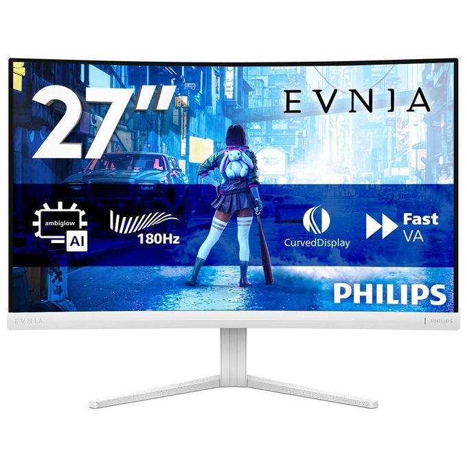 Philips Evnia 27M2C5201L Monitor gaming curvo FHD da 27 pollici 180 Hz 1 ms GtG FreeSync Prem. (1920x1080 2x HDMI 2.0 1x DP 1.4) bianco