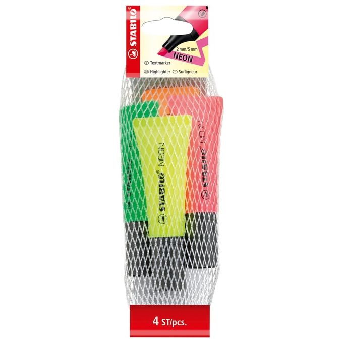 Evidenziatore - STABILO NEON - Retina da 4 - Giallo-Verde-Arancio-Rosa