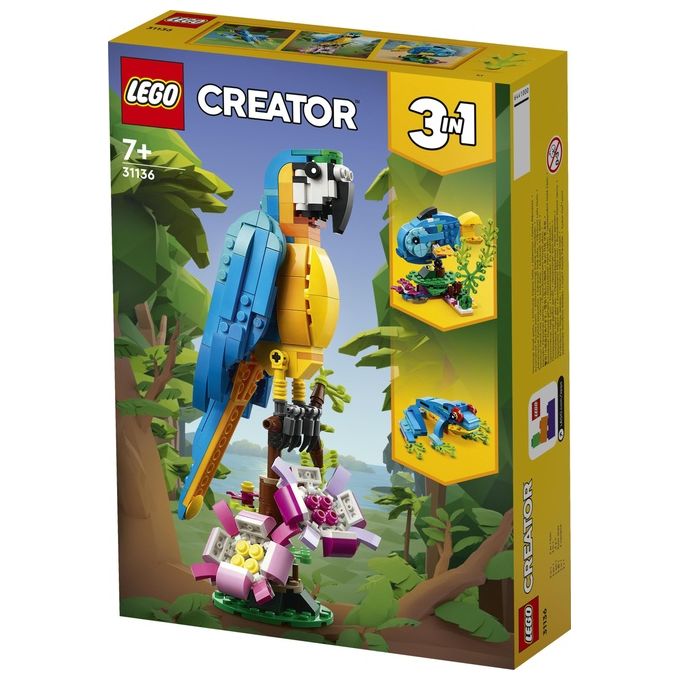 LEGO Creator 31136 Pappagallo Esotico 31136-LEGO Set 3 in 1 con Pesce e Rana Animali Giocattolo Giochi Creativi per Bambini da 7 Anni