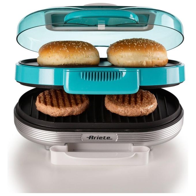 Ariete 205 Hamburger Maker Party Time Macchina per Fare Hamburger 1200W Doppie Piastre Antiaderenti 2 Scomparti Azzurro