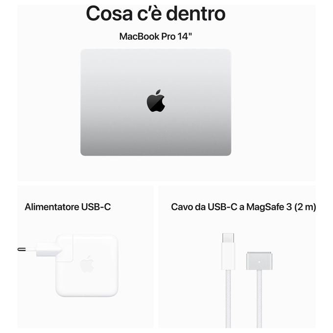 Apple MacBook Pro con Chip M3 CPU 8 Core GPU 10 Core Display Liquid Retina XDR 14.2'' 16Gb di Memoria Unificata 1Tb di Archiviazione SSD Argento