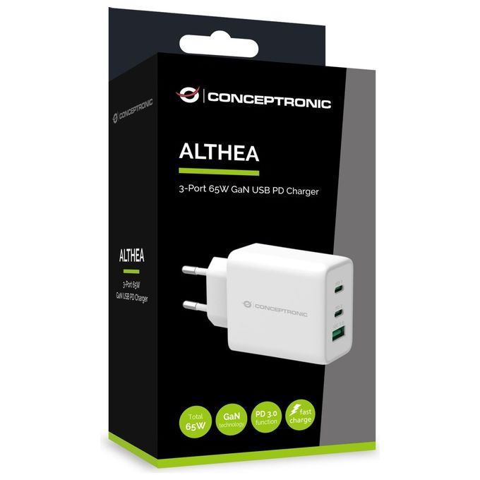 Conceptronic ALTHEA12W Caricabatterie 3 Porte 65W GaN USB PD Bianco