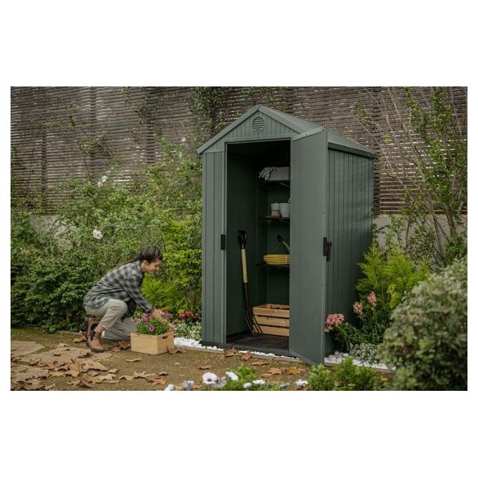 Keter 259037 Darwin 4x4 Casetta da Giardino in Resina EVOTECH+ Pavimento Incluso Tetto a Due Spioventi 75 Kg-m² colore Verde