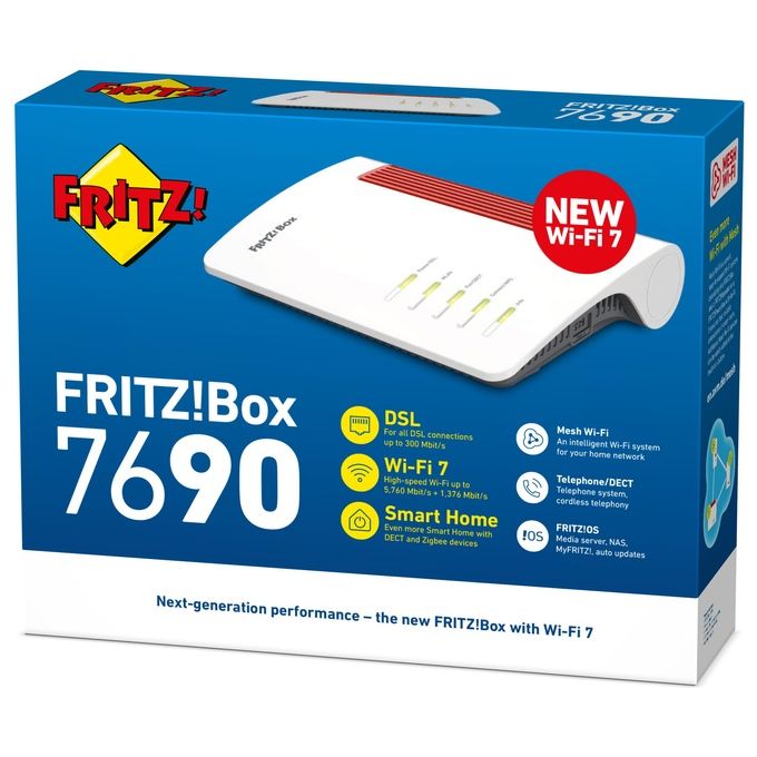 Fritz! Box 7690 Router Modem Wi-Fi 7, VDSL Dual Band, 2.5 Gigabit, Bianco