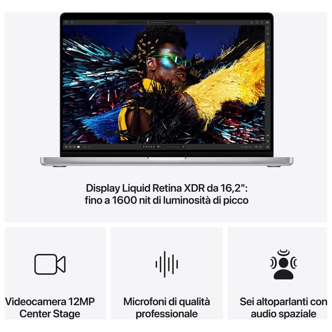Apple 2024 Macbook Pro Portatile con Chip M4 Pro Cpu 14 Core e Gpu 20 Core Display Liquid Retina Xdr 16.2'' 48Gb di Memoria Unificata 512Gb di Archiviazione Ssd Argento