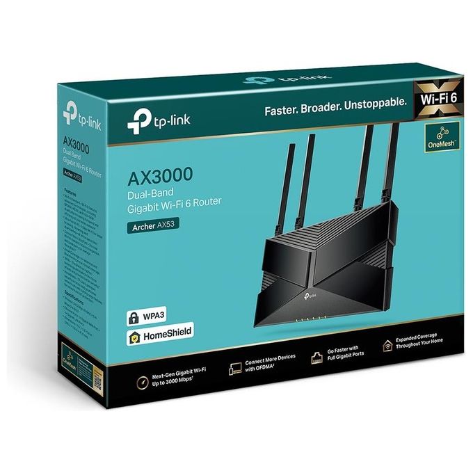 TP-Link Router WiFi 6 Archer AX53 Dual-Band AX3000 2402Mbps su 5 GHz e 574 Mbps su 24 GHz meno consumo energia tecnologia TP-Link HomeShield OneMesh Compatibile con Alexa