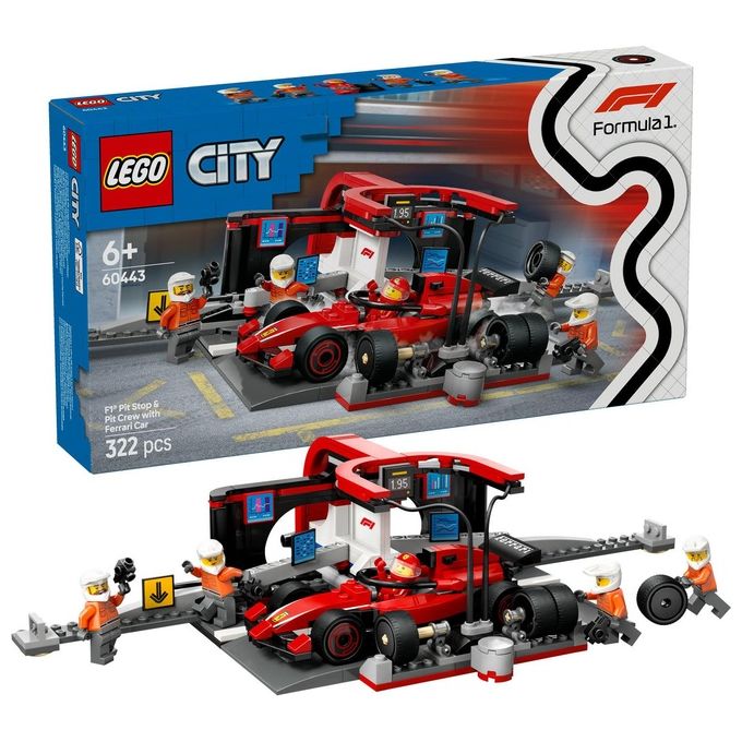 Lego 60443 City Formula 1 Set da Costruzione Pit Stop e Meccanici con Monoposto Ferrari F1 322 Pezzi 5 Minifigure eta' 6+