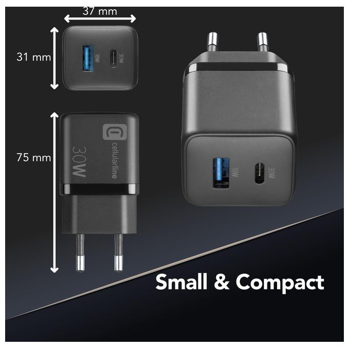 Cellular Line MULTIPOWER MICRO Caricabatterie da Rete Veloce Ultracompatto 2 Porte 30W