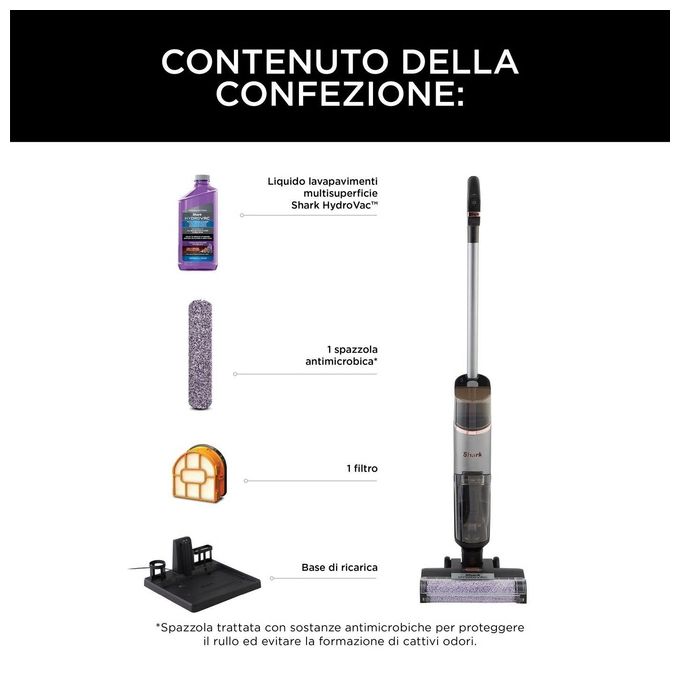 Shark WD210EU HydroVac Aspirapolvere e Lavapavimenti senza filo con Spazzola Antimicrobica e Liquido Multisuperficie Grigio