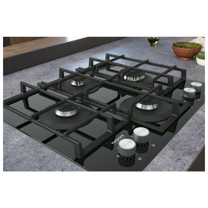 Hotpoint HAGS 61F-BK Piano Cottura a Gas in  Vetroceramica 4 Zone My Menu Flame Control 9 livelli di potenza Griglie in ghisa 60 cm Nero