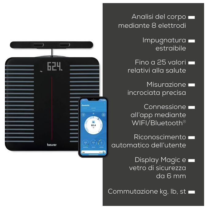 Beurer BF 990 WIFI Bilancia diagnostica Wi-fi e Bluetooth - con unita' estraibile per analisi incrociata (controllo accurato delle diverse parti del corpo) - 25 valori relativi alla salute sempre sotto controllo nell'app beurer Health Manager Pro - con ca