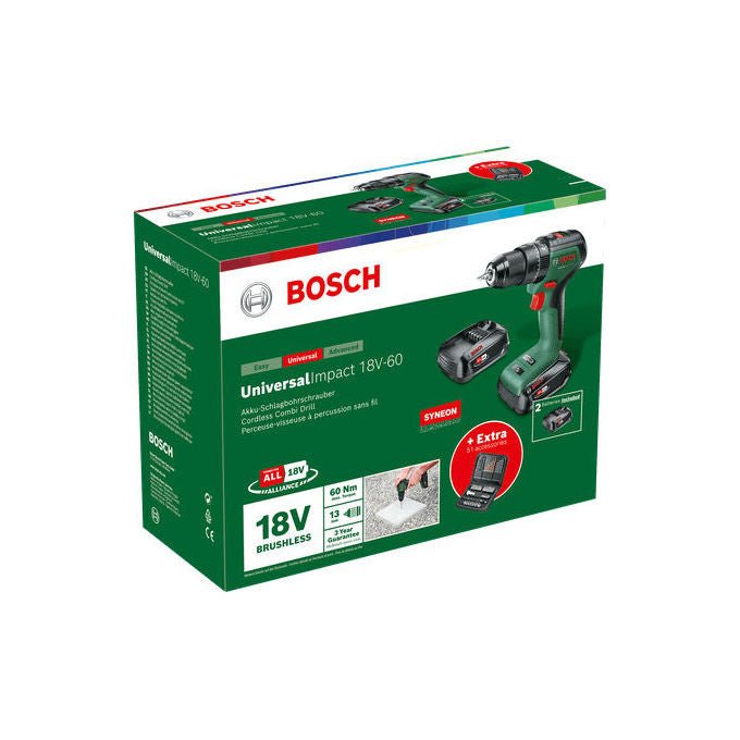 Bosch 0 603 9D7 106 UniversalImpact 18V-60 Trapano Avvitatore a Percussione Senza Spazzole 1900 rpm 2x2Ah 51 Accessori colore Nero Verde